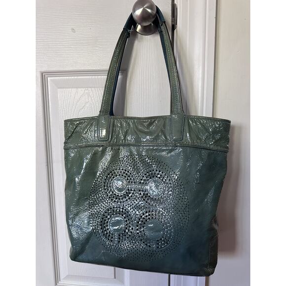 Coach Audrey Patent Leather Tote Green Teal Bag Perforated Turquoise 17029 - Picture 1 of 16